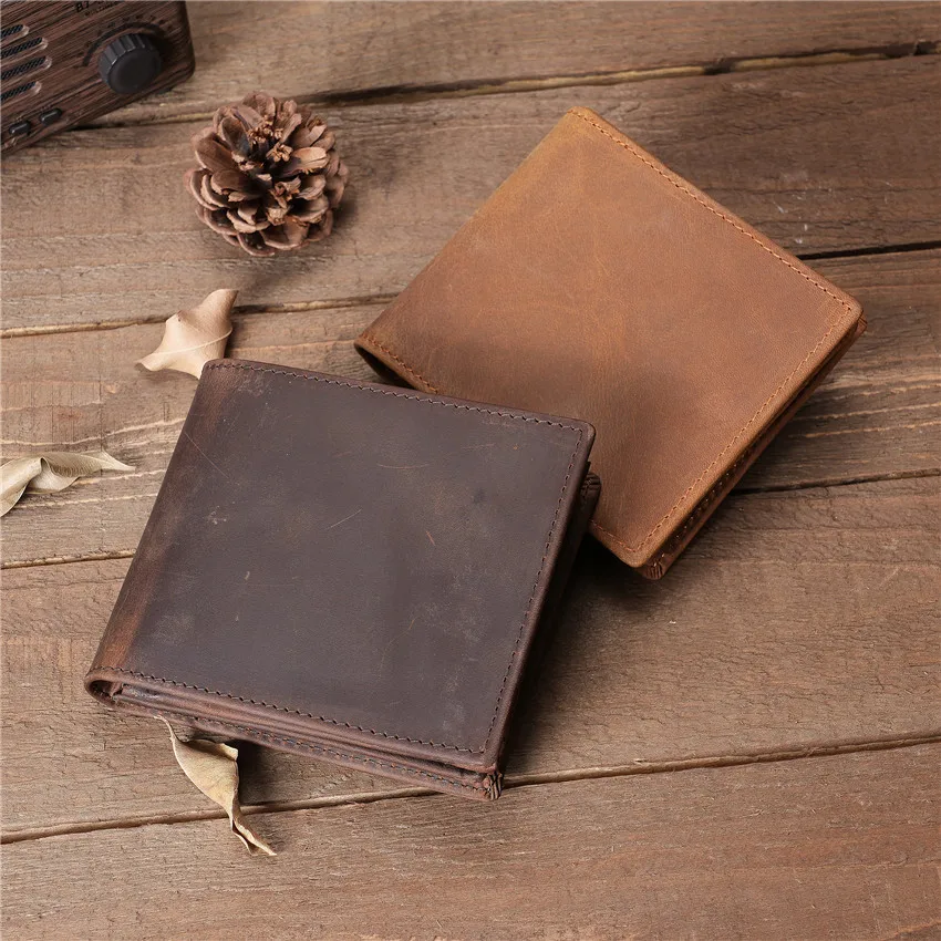 Wallet for Men Genuine Cowhide Vintage Brown Crazy Horse Leather Card Holder Wallet Coin Purse Retro Style 2024 Hot Sale