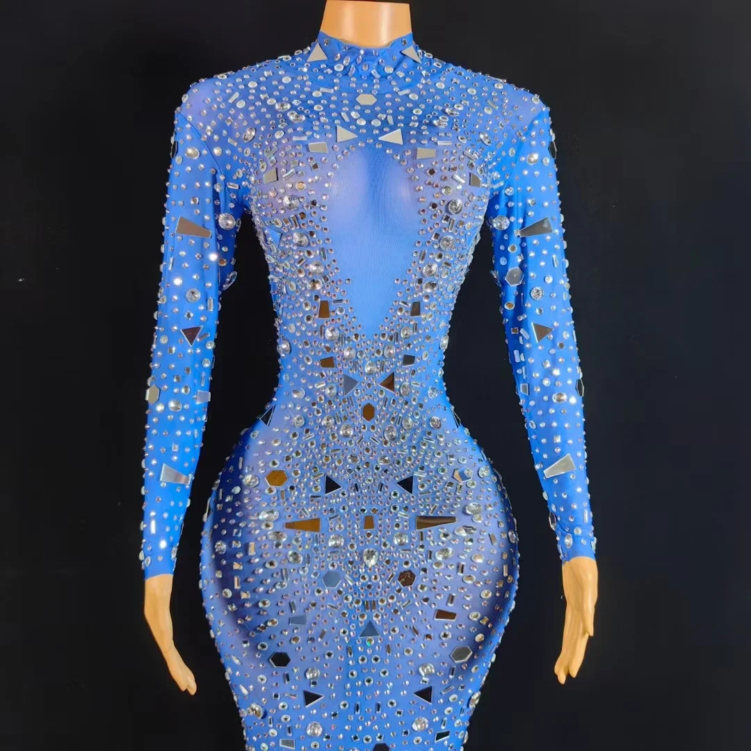 Длинное платье с синими бриллиантами, роскошное праздничное платье со стразами, сценический костюм, женское модное облегающее платье