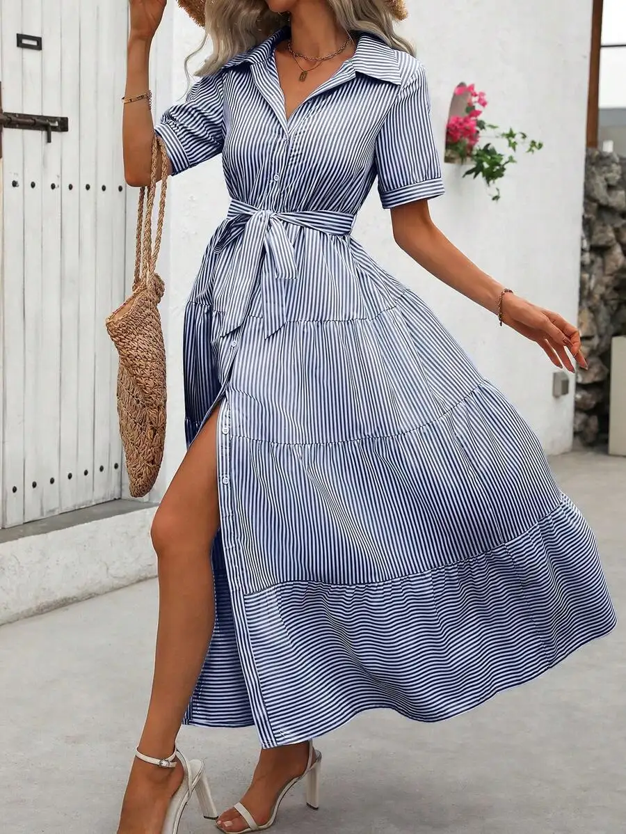 

Blue And White Vertical Stripe Tiered Maxi Dress With Waist Tie And Side Slit For Summer Casual Wear