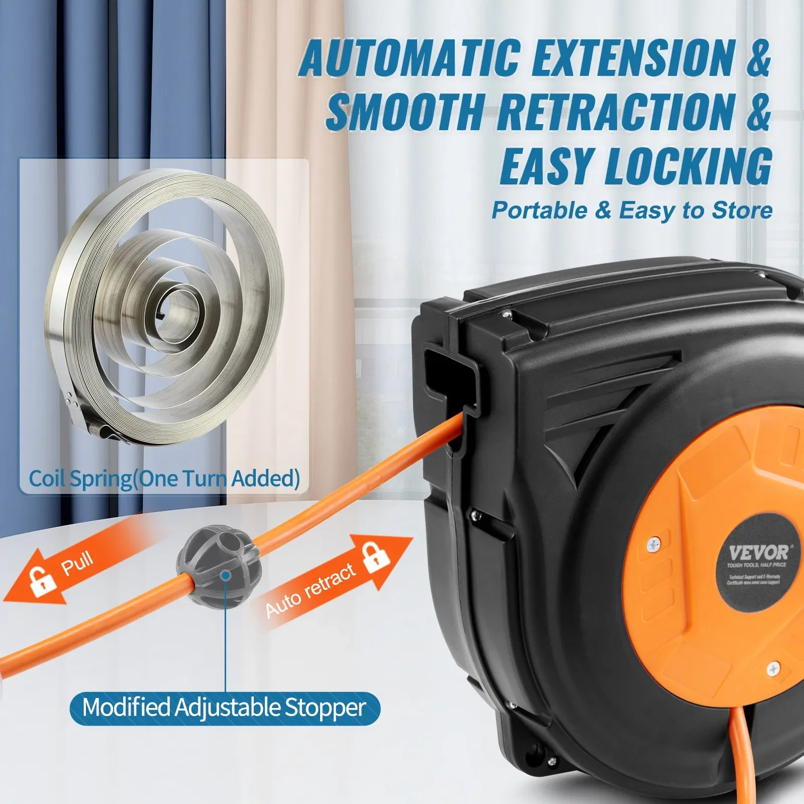 Retractable extension cord reel 30ft power cord triple socket circuit breaker ceiling wall mount bracket