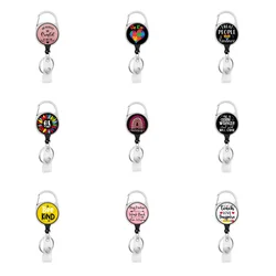 Hot selling circular characters pattern Easy disassemble Zinc alloy badge automatic scroll easy pull buckle keychain H1206