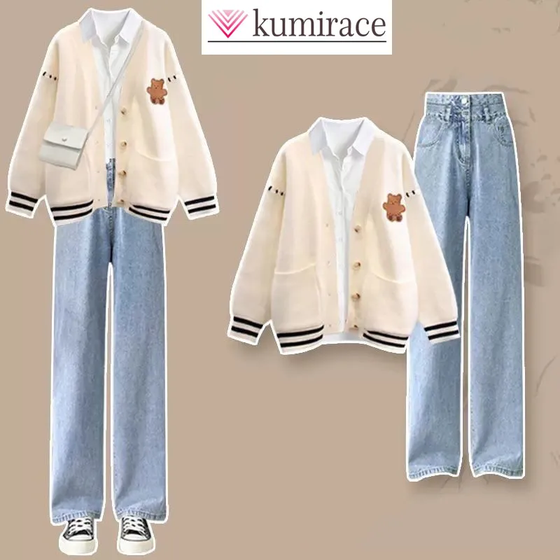 Autumn and Winter Fashion Set Female Student Salt Series Cardigan Coat+Shirt+Cowboy Wide Leg Pants 3-Piece Set