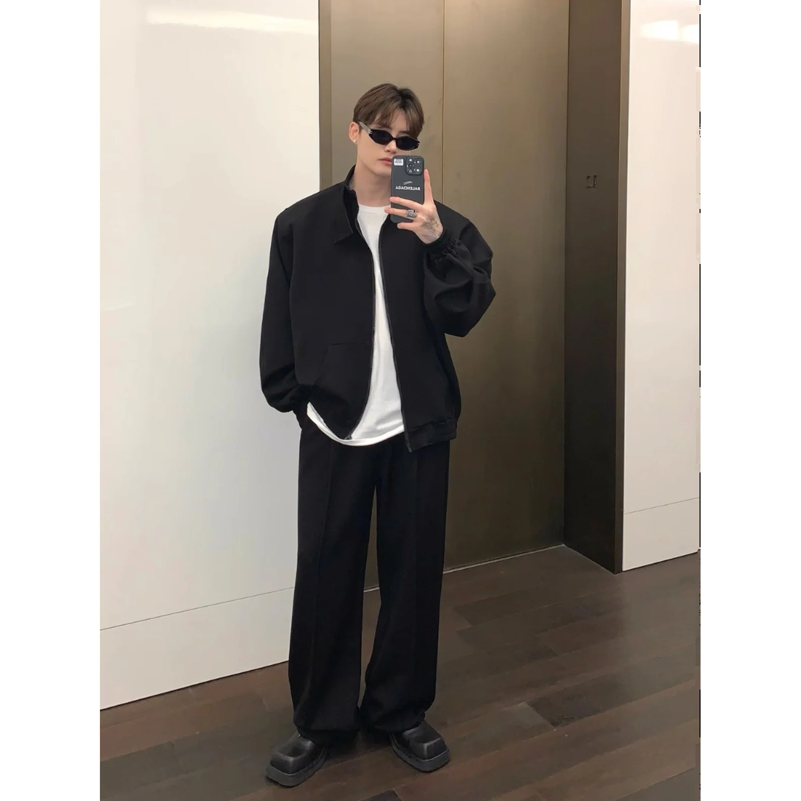2025 Spring Men's Stand Collar Hoodie Set - Trendy Hong Kong Style Zip-Up Jacket & Loose Fit Sweatpants for Casual Sports