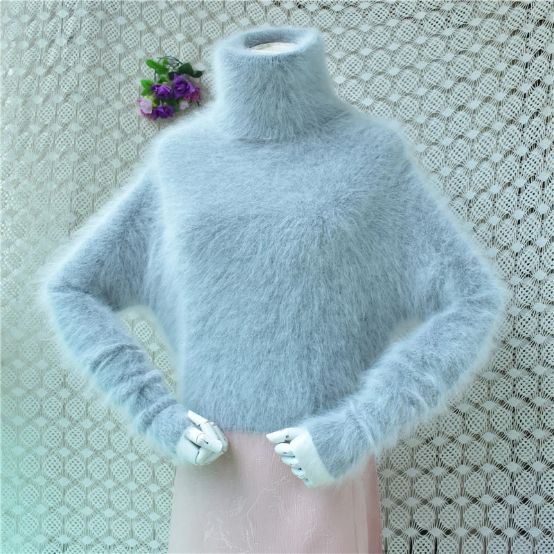 Suéter de Punto con Cuello Alto de Pelo de Conejo Angora para Mujer, Top Corto Ajustado de Piel de Visón para Otoño e Invierno