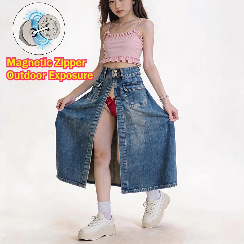 Women Magnetic Button Open Hole Sexy Skirts Jeans Hidden Underwear Invisible Outdoor Crotch Expose Dress Double Exotic Panties