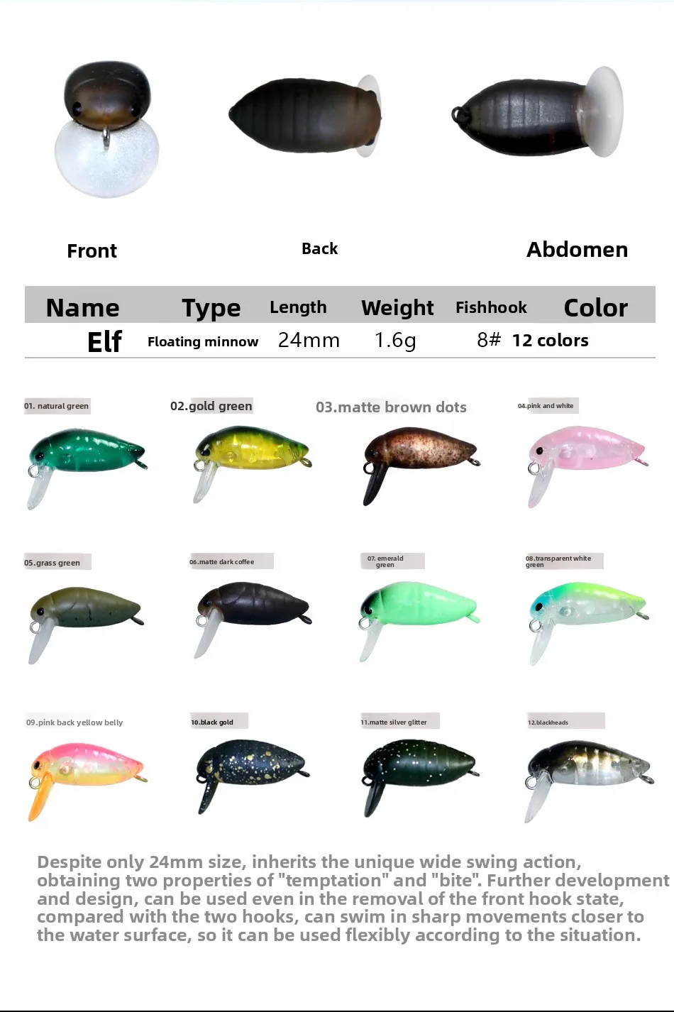 SWOLFY 1PCS Mini Crankbait Angelköder 1,6g/24mm Kleine Schwimmende Minnow Wobbler Harte Künstliche Köder Angelgerät – Detail 3