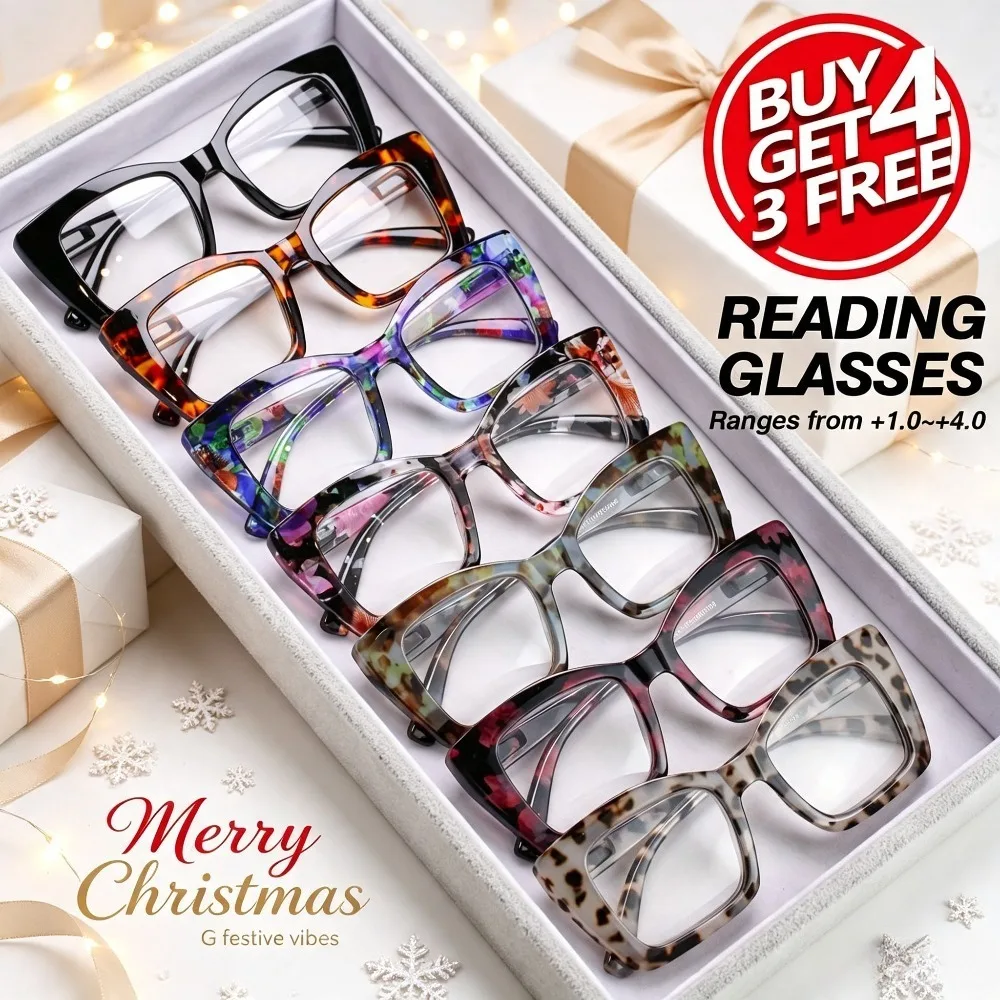 7-Piece Lady's Reading Glasses with Spring Hinges - Retro Style, Comfortable Fit, 1.0 to 4.0 Magnification, Print Design, Durable PC Frame for Women for Everyday Use, Stylish Glasses, Random Colors, Recommended Christmas and Halloween Gifts