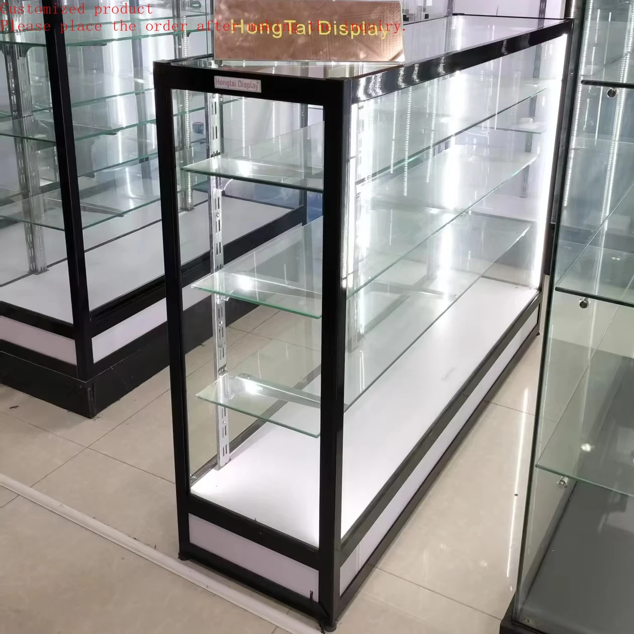 

Custom.Factory Wholesale Mirror Sliding Door Strips Light Full View Store Cabinet Store Fixture Glass Cabinet Smoke Store Displa