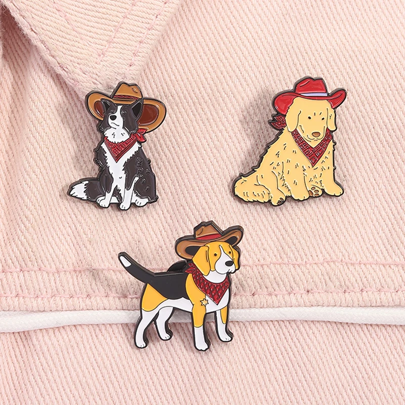 Bonito cowboy cães esmalte pino ocidental golden retriever beagle fronteira collie animal broches lapela crachá jóias presentes para amigos