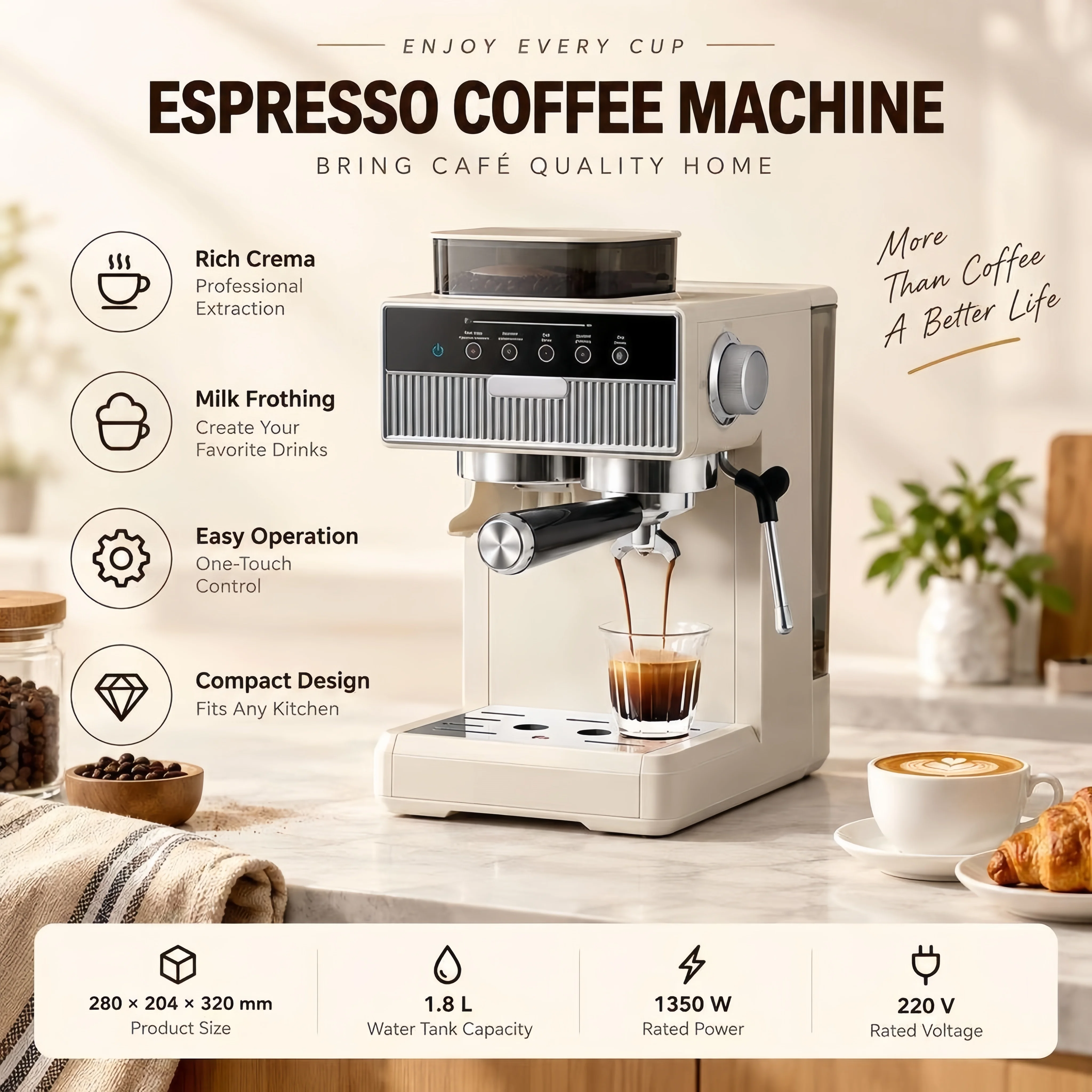 Cafetera Espresso Semiautomática con Molinillo, 20 Bares, Máquina de Latte y Cappuccino, 1.8L, Cold Brew, Barista Casero