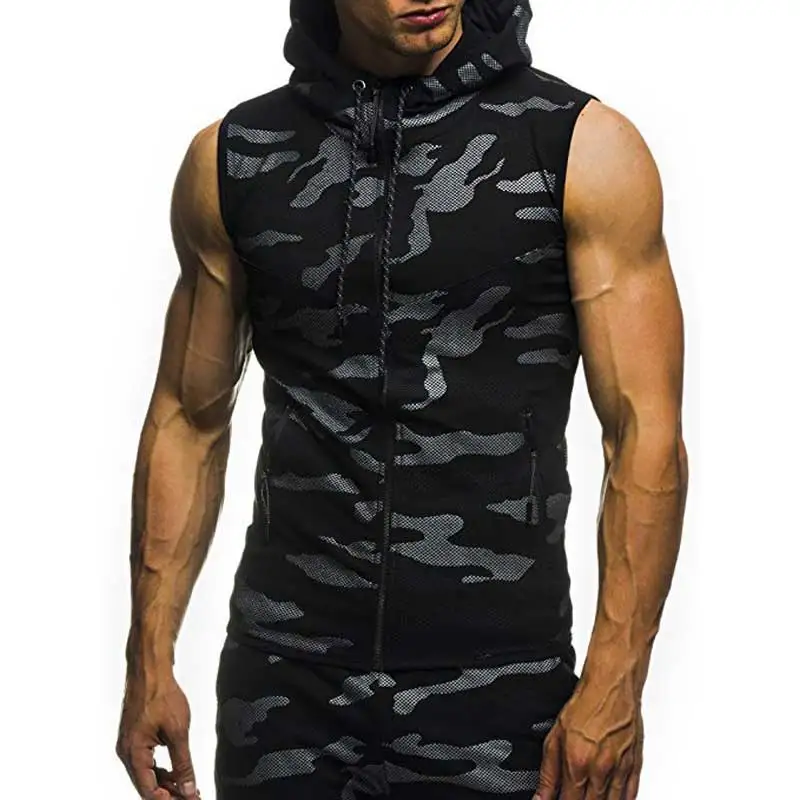 Male Summer Sweatshirt Men Slim Tank Top Camouflage Gyms Fitness Zipper Hooded Vest Sleeveless Hoodie Tops Tees MY078