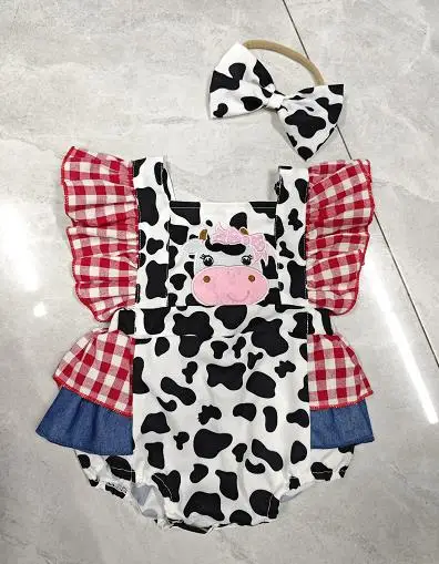 

Newborn Girl Outfit Fly Sleeve Plaid Cow Romper with Bowknot Hairband Summer Clothes