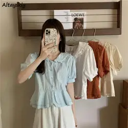 Shirts Women Puff Sleeve Peter Pan Collar Ruffles Vintage Korean Style Sweet Girlish Students Ulzzang Stylish Trendy Crop Tops