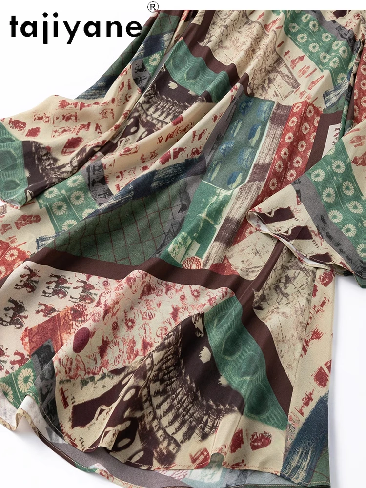 TAJIYANE 100% التوت فستان حريري امرأة الصيف 2025 خمر ملابس منقوشة بكم طويل فساتين عطلة الفساتين السيدات الملابس Vestidos