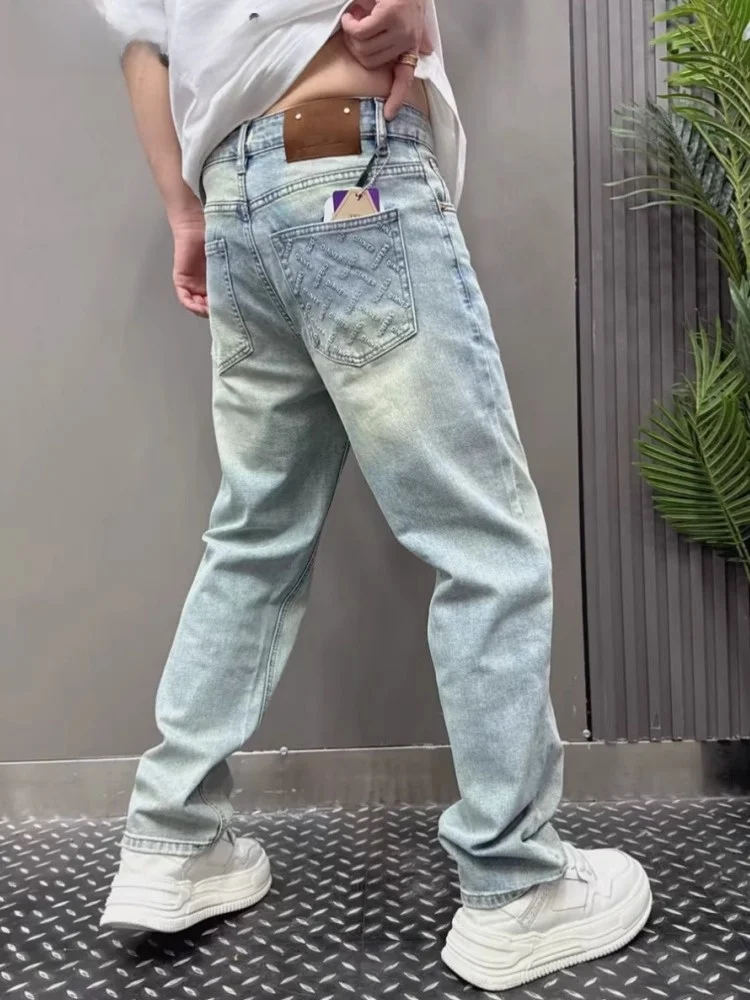 

Высококачественные светло-голубые мужские джинсы на флисовой подкладке, утепленные, осенне-зимние, новые, модные, свободного кроя, повседневные брюки для мужчин