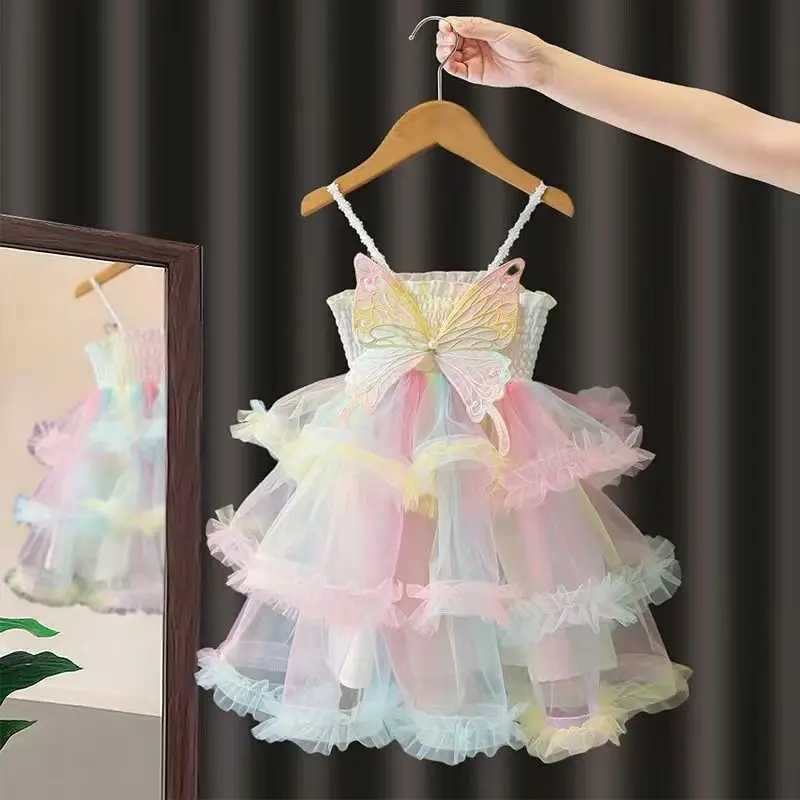 

New Fashion Rainbow Tulle Baby Girl Birthday Party Princess Dress Costume Children Summer Layered Tutu Dress 2-9T Clothes