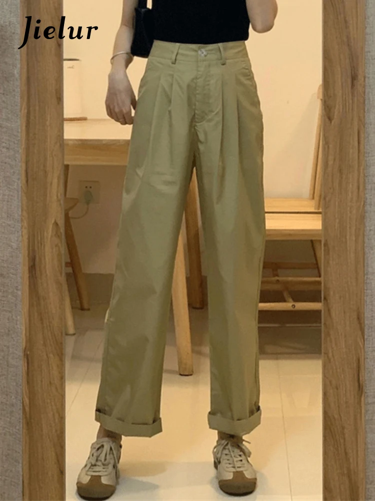 

Jielur Khaki Cuffs Pleated Workwear Simple Women's Pants Office Lady Loose High Waist Solid Color Straight Female Wide Leg Pants