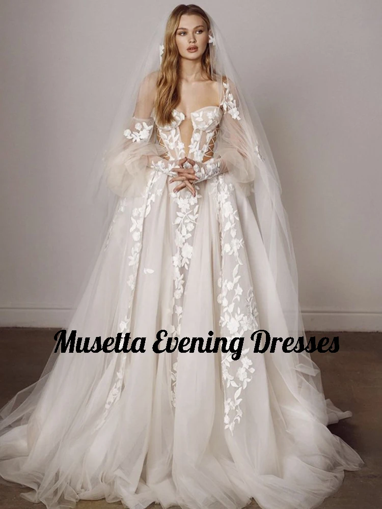 Musetta elegante Apliques De encaje vestido De Novia media manga De burbuja una línea Vestidos De Novia sin espalda Vestidos De Novia personalizados