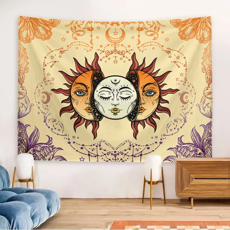 VIKAMA Rainbow Tri-Color Sun Moon Face Tapestry, Vibrant Wall Hanging Background Cloth for Boho Living Room Aesthetic Decor