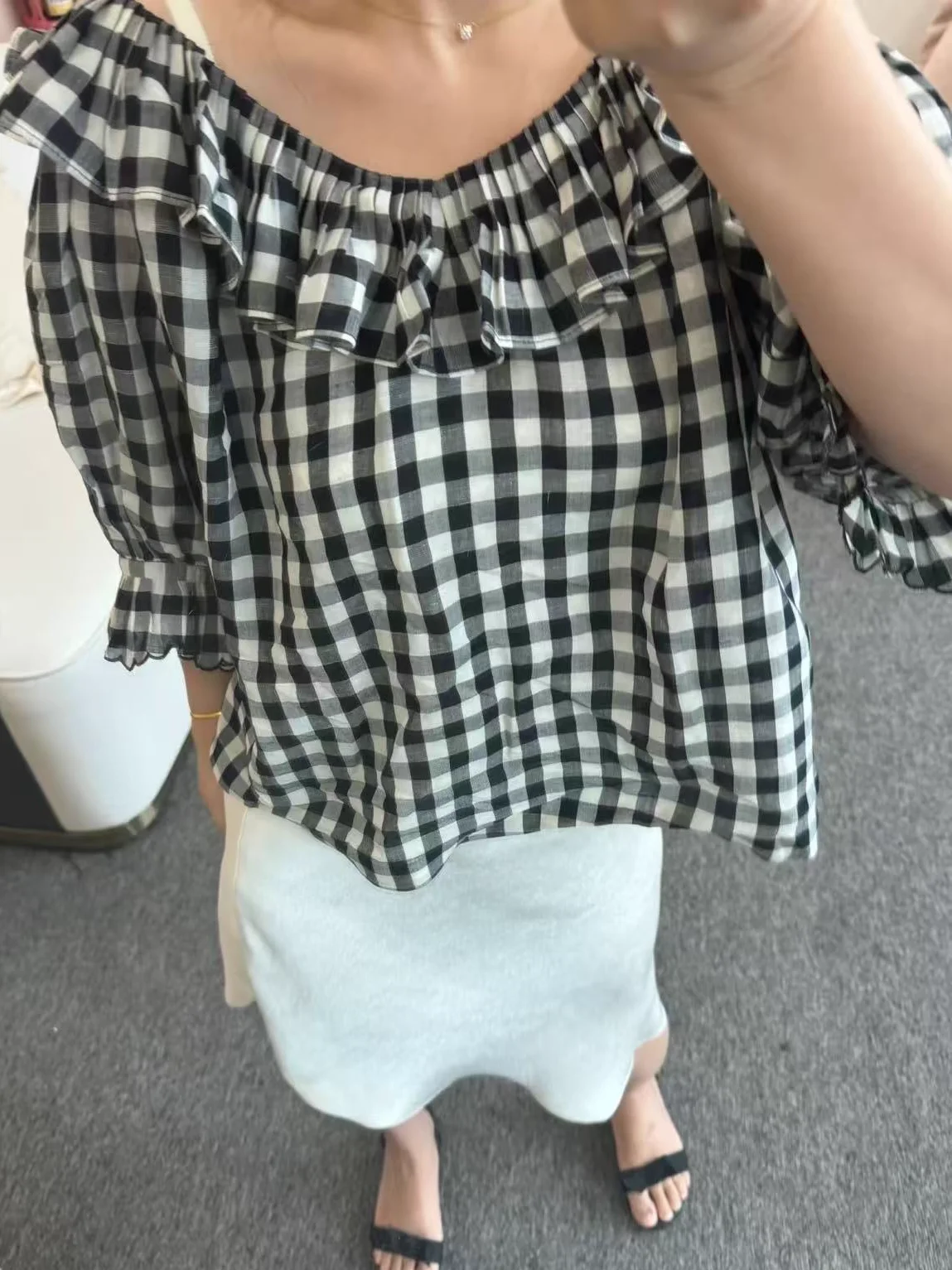 

Ruffles Patchwork Women Plaid Blouse Top Round Neck Flare Sleeve Casual Female Shirt