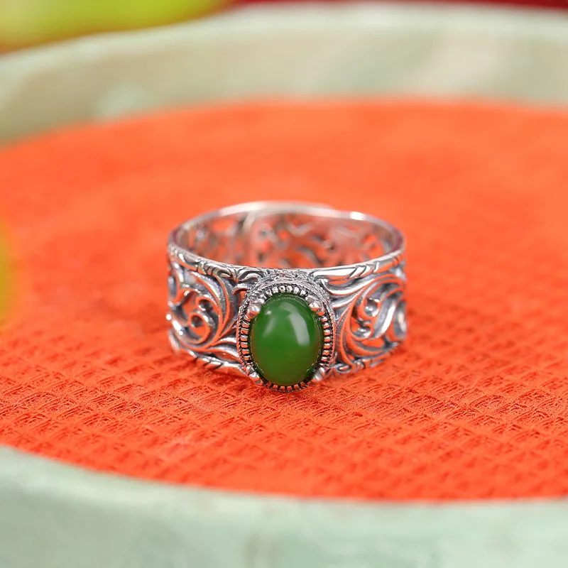 Natural Hetian S925 Sterling Silver Grass Pattern-Shaped Jade Hollow Wide Ring