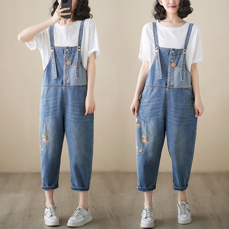 Casual Streetwear Mom Jean Ladies Jumpsuits Summer Patchwork Print Floral Overalls Women Loose Wide Leg Straps Calf-Length Pants