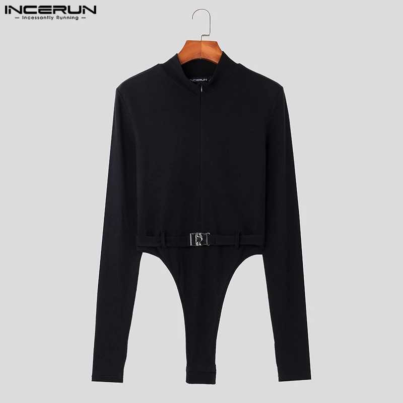 Sexy Fashion Style New Mens Jumpsuits Metal Buckle Design Thimble Bodysuits Casual Solid Long Sleeved Rompers S-3XL INCERUN 2023