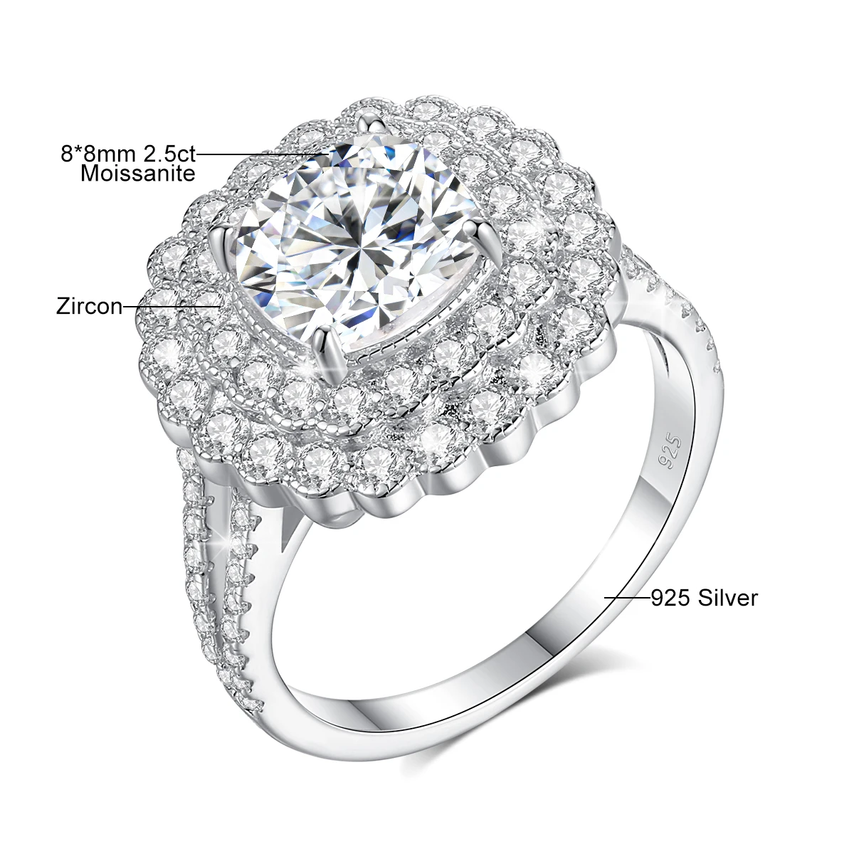 Große Moissanit-Diamantringe für Frauen, 925 Sterling Silber Halo-Ehering, Edle Schmuckverpackung mit GRA-Zertifikat – Detail 1