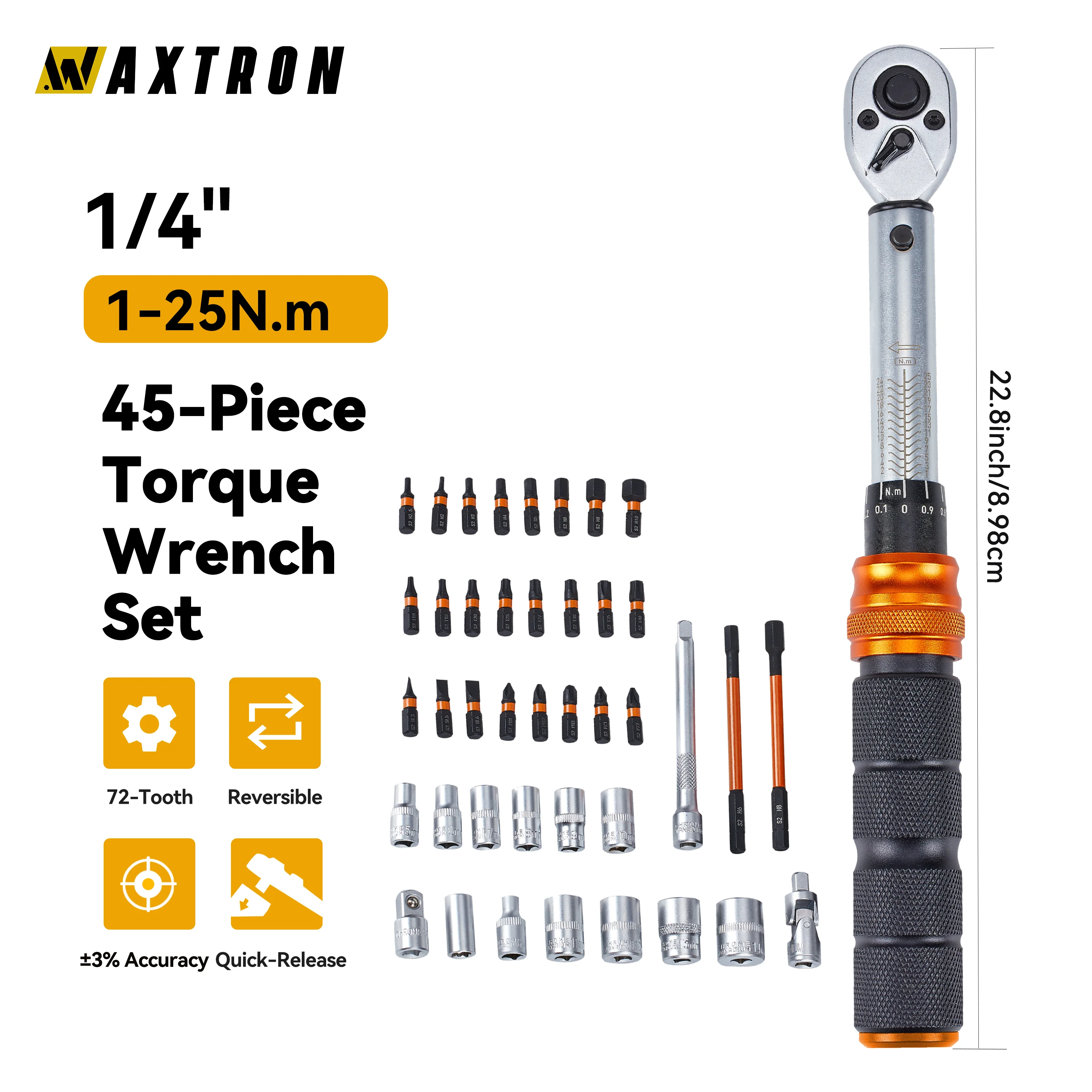 

Набор динамометрических ключей Waxtron для велосипедов, 1-25 Н·м, точность 3%, 1/4'', 45 предметов, для ремонта велосипедов (MTB), мотоциклов и мототехники