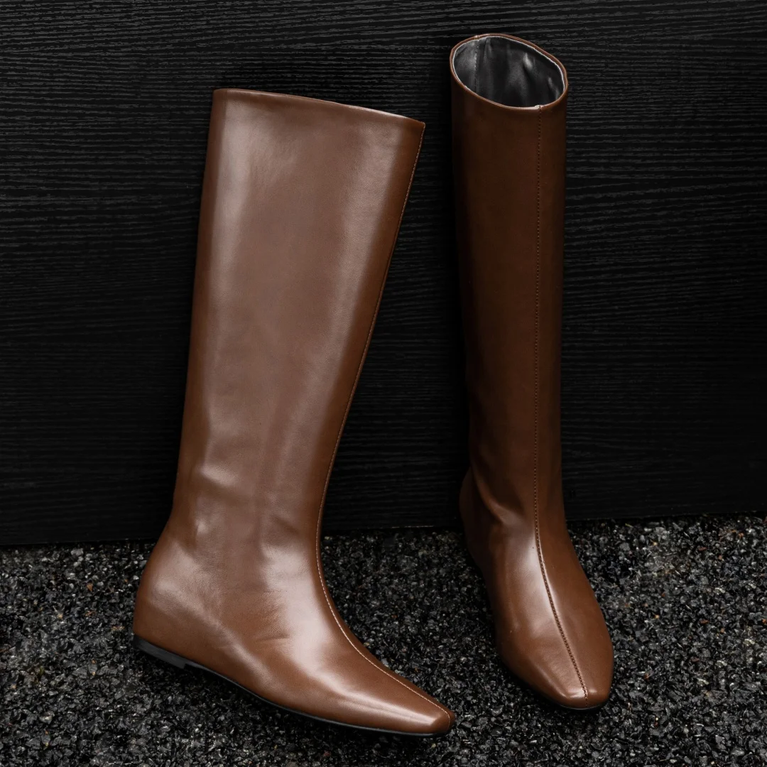 2024 autumn new women's genuine leather square toe slip-on knee high knight boots high quality soft comfortable long boots shoes