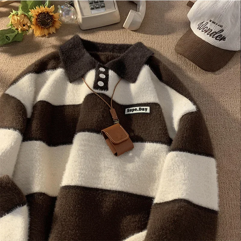 Autumn/Winter POLOSweater Men's Hong Kong Style Vintage Trendy Lapel Top New Stripe Color Block Loose Fit Knit Base Layer Top