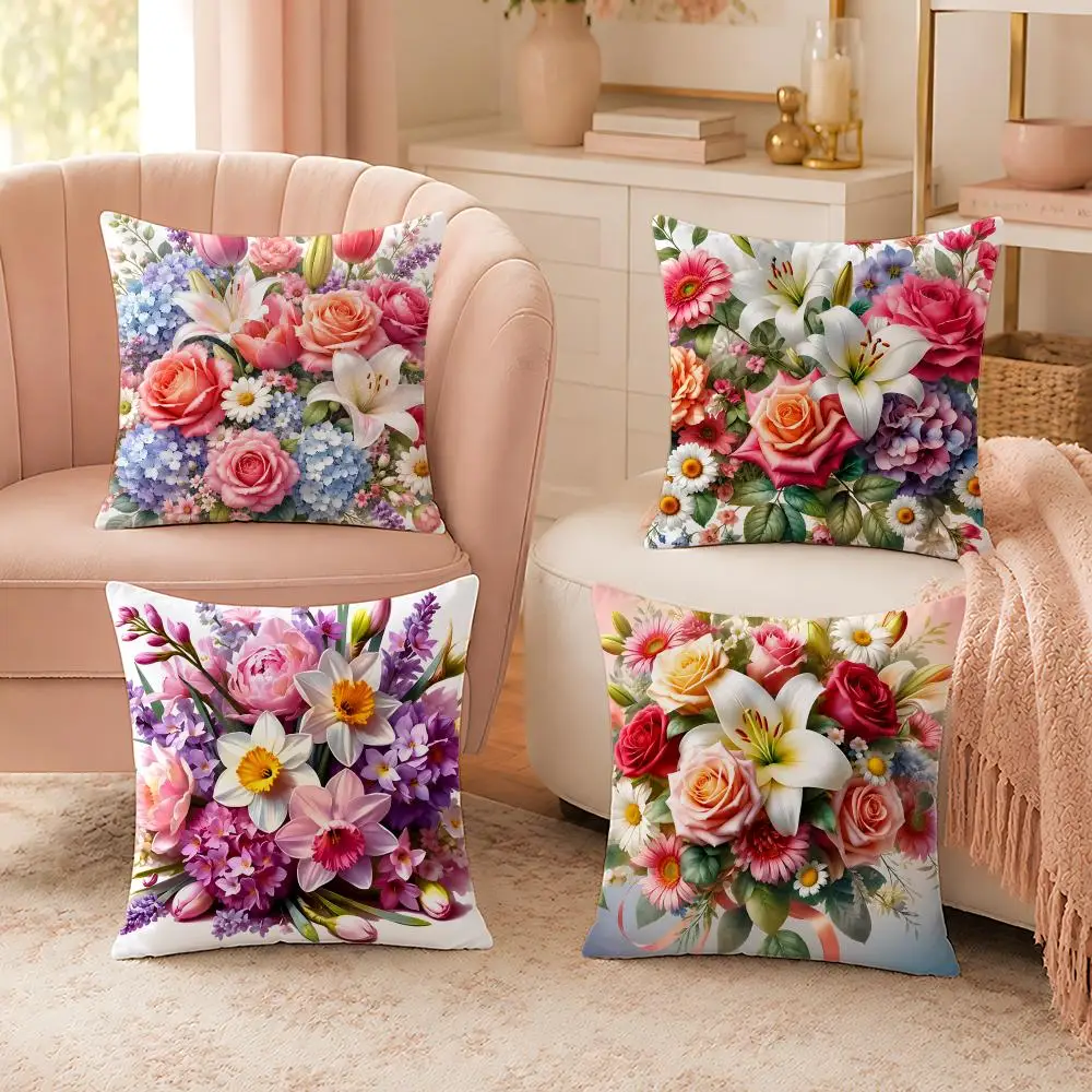 Fresh Floral Bouquet Print Cushion Cover Custom Plush Pillow Cover Soft Cloud Comfort for Sofa Bed Couch