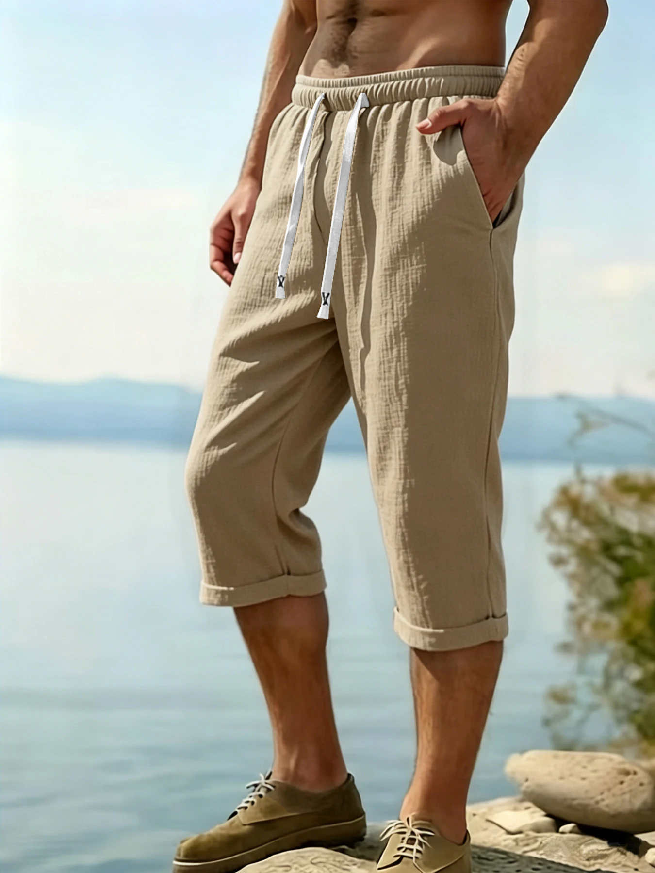 Bestseller Herren Capri-Hose mit Geradem Bein und Abgerolltem Saum, Minimalistischer Alltagsstil, Atmungsaktiv und Knitterfrei – Detail 5