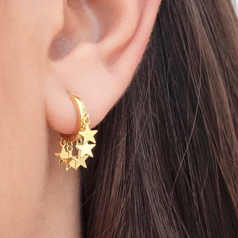 925 Sterling Silver Needle trendy Design Star/Round Pendant Hoop Earrings For Women Exquisite Tassel Gold Earrings 2024 Jewelry