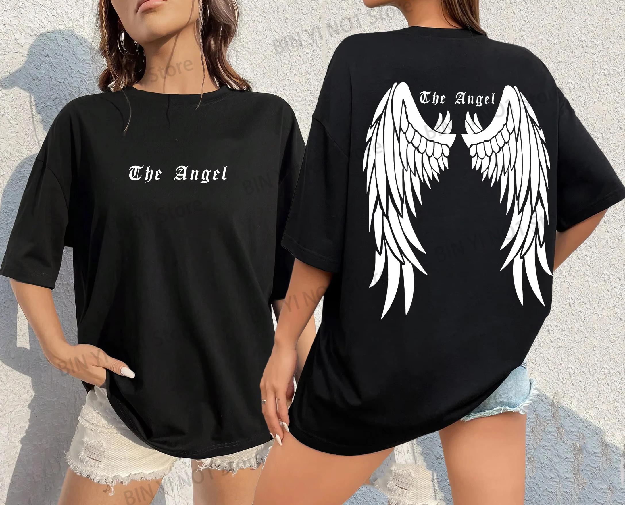 Dark Angel Wing Hot Sale Graphic Printed T-Shirts Women Men Loose Oversized Hip Hop Street Tshirt the Angel Short Sleeve T Shirt