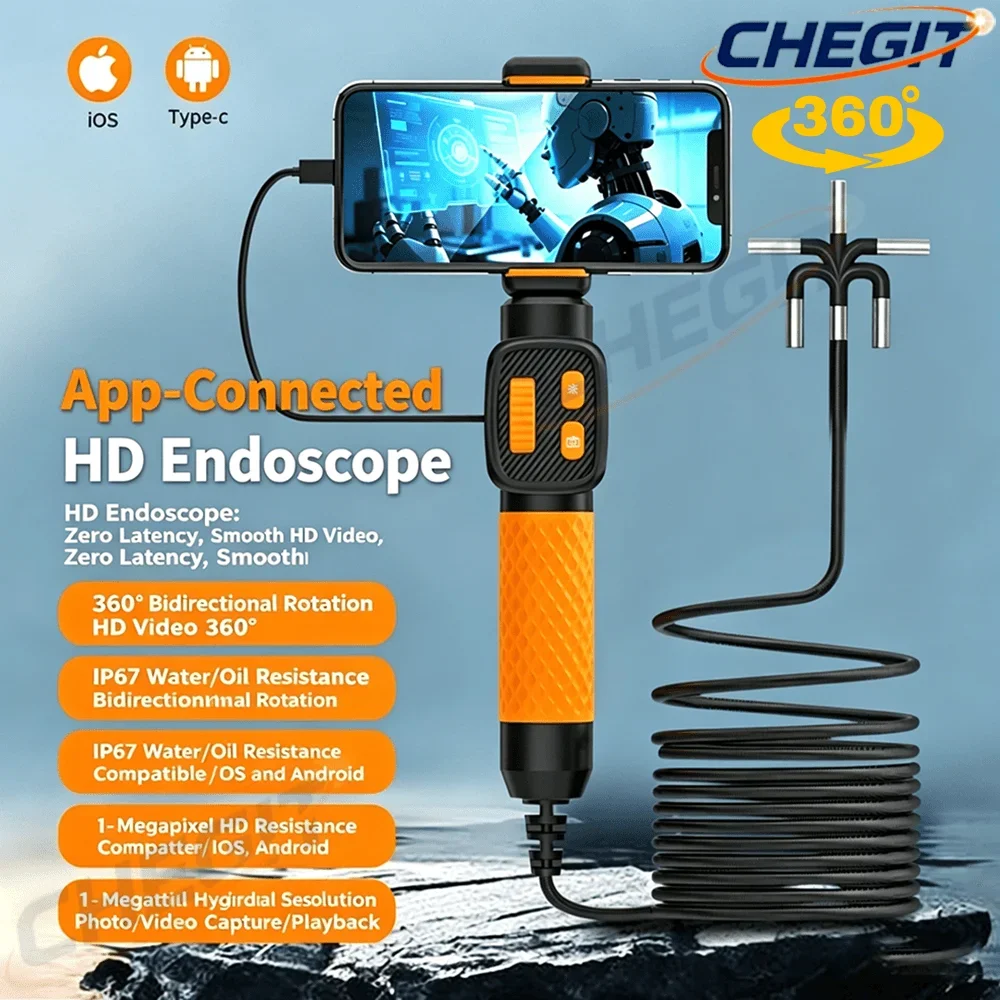 1080P HD 360° Rotation Endoscope Camera 6mm Lens HD Articulated Inspection Borescope Camera IP67 for Automotive Car IOS Androi