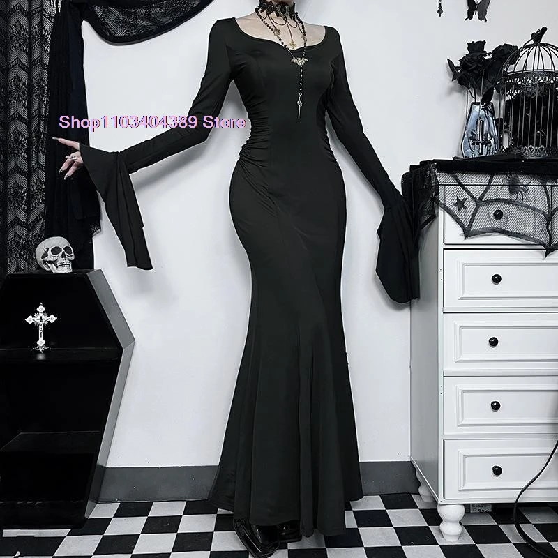 Morticia Dress Addams  Gothic Women V Neck Long Dress Casual Long Batwing Sleeve Cosplay Costume Slim Fit Party Club Clothing