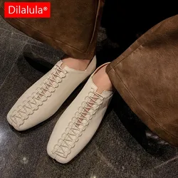Dilalula 2025 Low Heel Square Toe Genuine Leather Pumps Women Elastic Band Soft Back Casual Shoes Work Daily Shoes Woman Soft