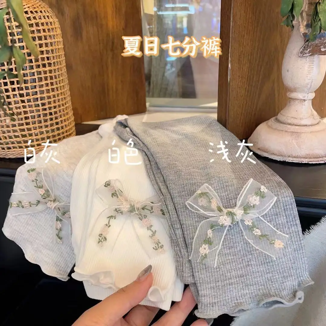 Girls' Summer Ice Silk Leggings Thin Children's Wear Versatile Bow Seven-point Pants Children's Clothing