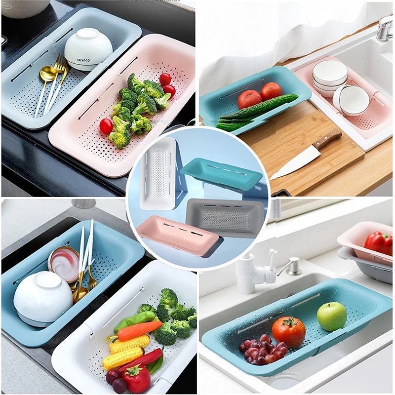 1pc Sink Draining Basket Retractable Plastic Washbasin Hanging Rack Kitchenware Dishwashing Basket