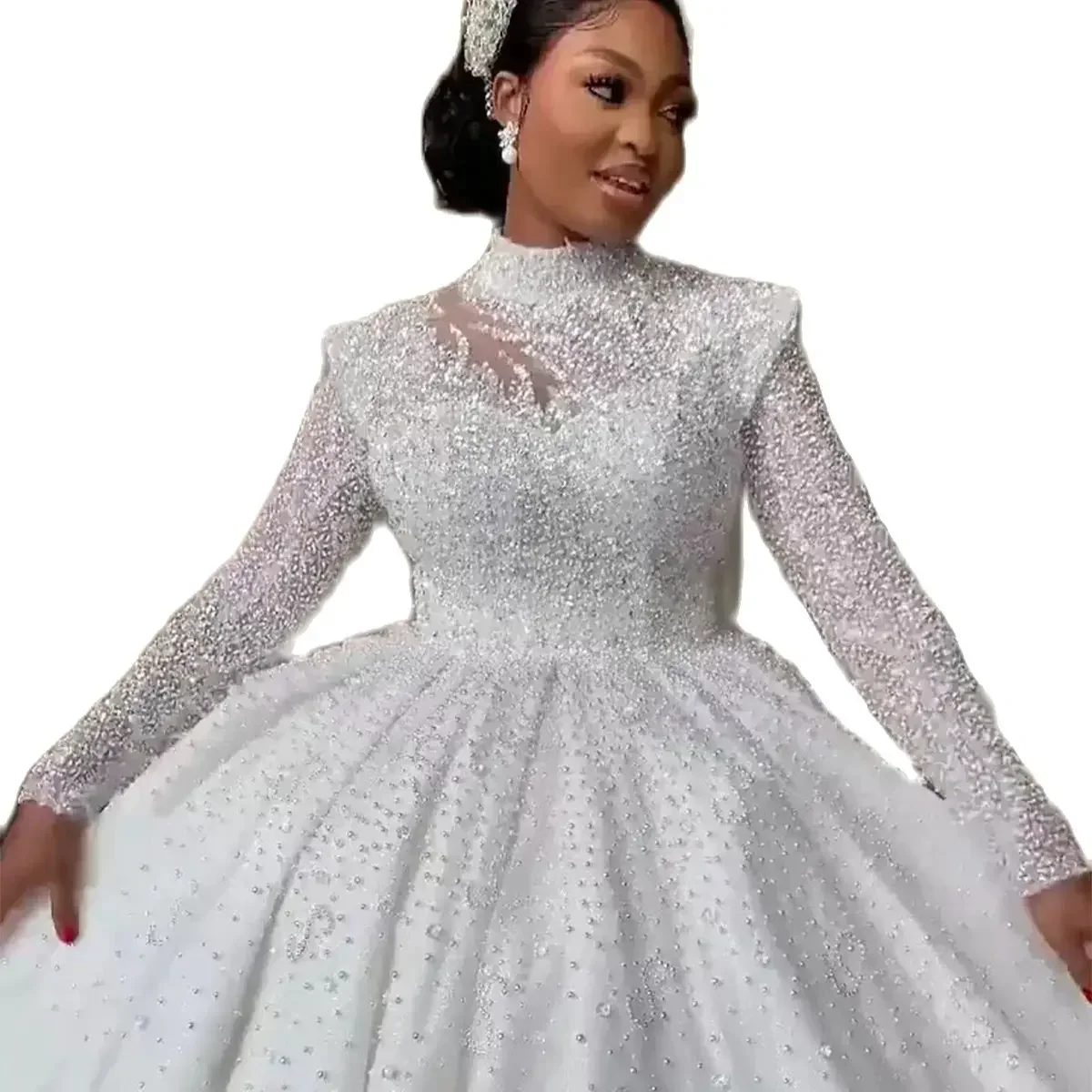 Customized  High Neck Luxury Sequins Beads Wedding Dress Court Train Long Sleeves Vestido De Novia Ballgown Puffy Bridal Gown