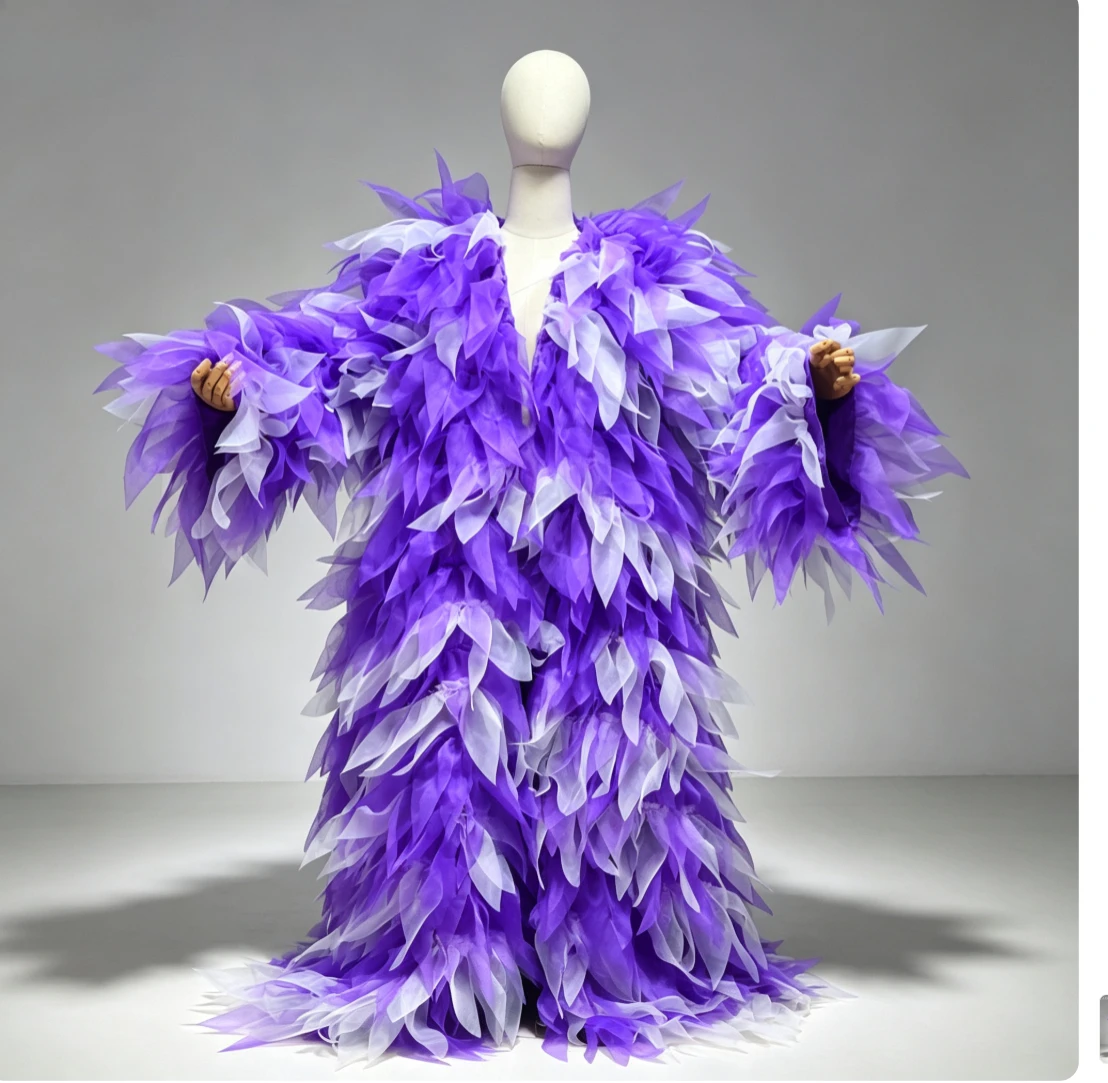 Oversized Layered organza Feather Long Open Robe Fluffy Coat Queen Nightclub Stage Performance Costume Photoshoot Party jacke