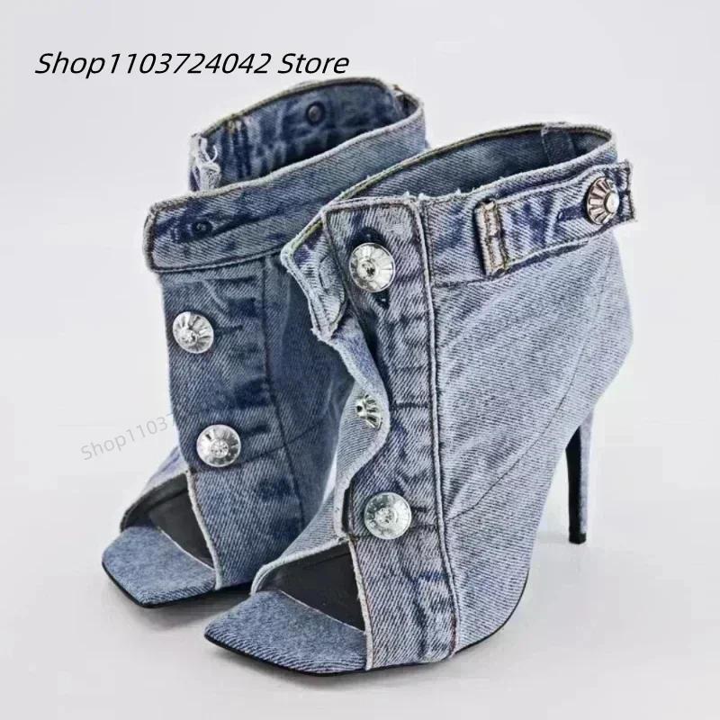 

2024 Summer Brand New Fashion Denim Ankle Boots High Heel Sandals for Women Street Style Square Toe Big Size Shoes 43 Footwear