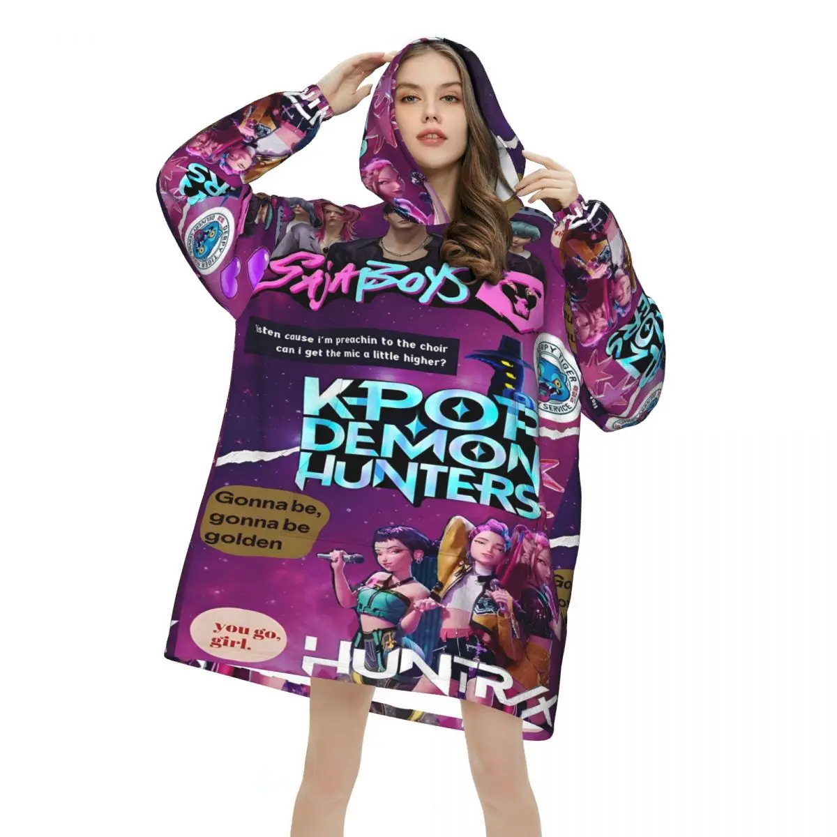 

Kpop Demon Hunters Oversized Blanket Hoodie Sweatshirt Long Fleece Hooded Wearable Blanket with Large Pocket for Women Men