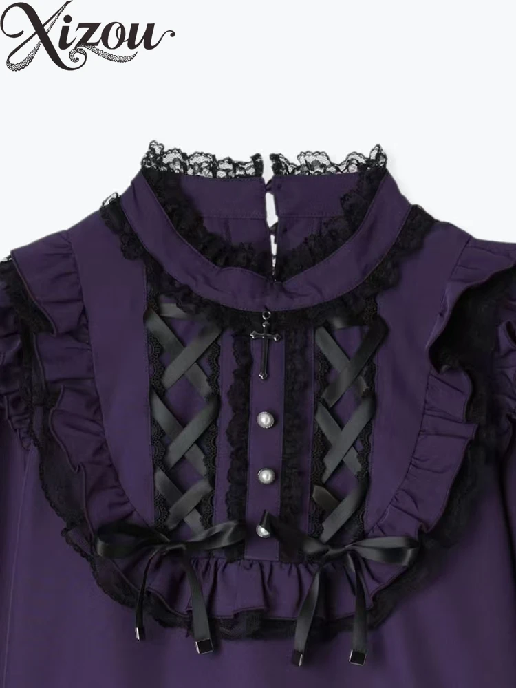 봄 여름 솔리드 블랙 셔츠 일본식 숙녀 블라우스 달콤하고 귀여운 고딕 어깨 스트랩 레이스 긴 소매 탑 여성