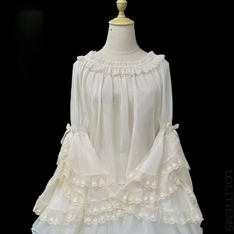 بلوزات يابانية على طراز لوليتا كاواي للسيدات عتيقة بكشكشة حلوة ورقبة دائرية وأكمام مضيئة داخل القمم صيفي لطيف شفاف من خلال القمصان