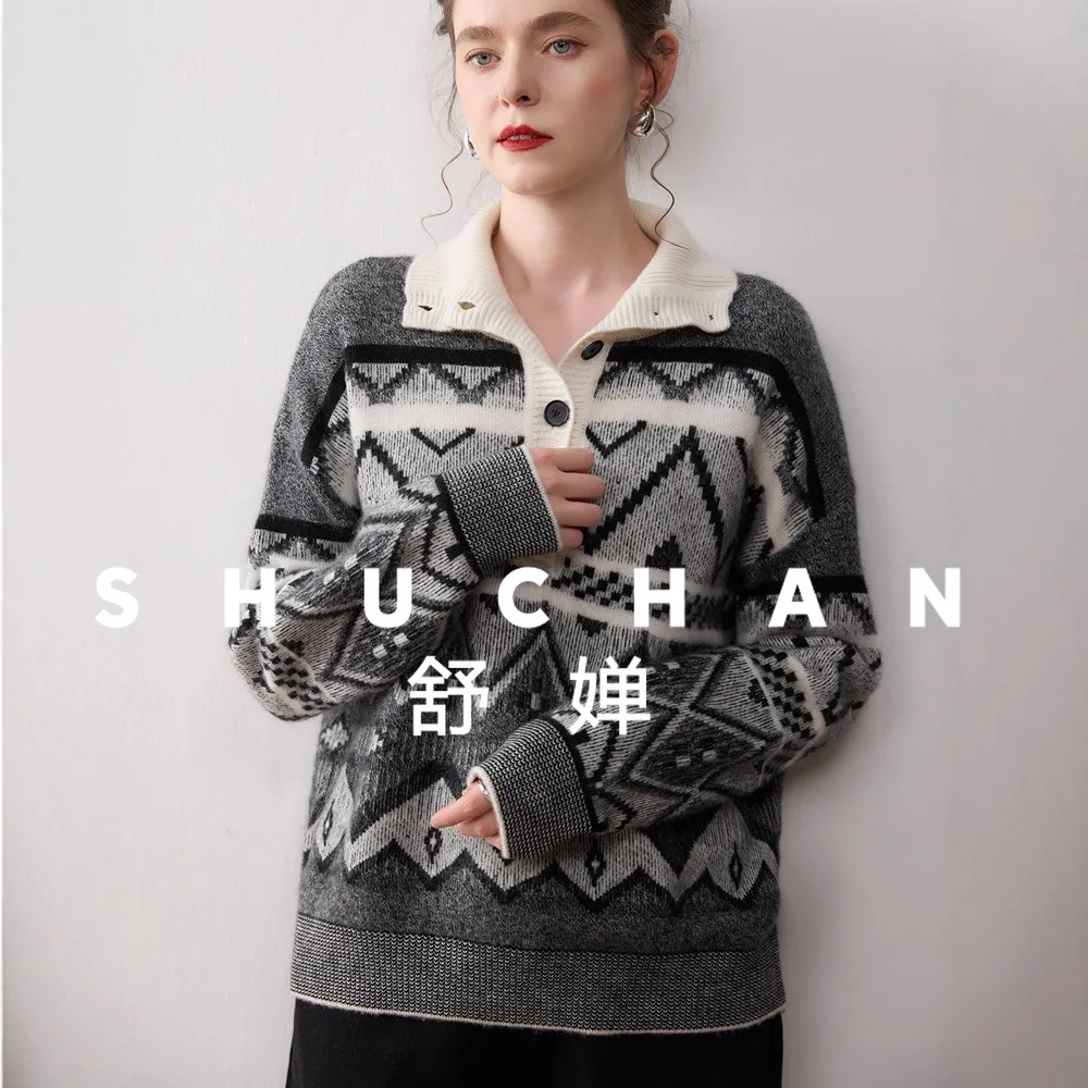 

450d осенне-зимний шерстяной кашемировый вязаный жаккардовый женский пуловер с лацканами контрастного цвета на пуговицах