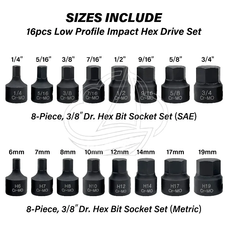16Pcs Low Profile Impact Hex Driver Set 3/8
