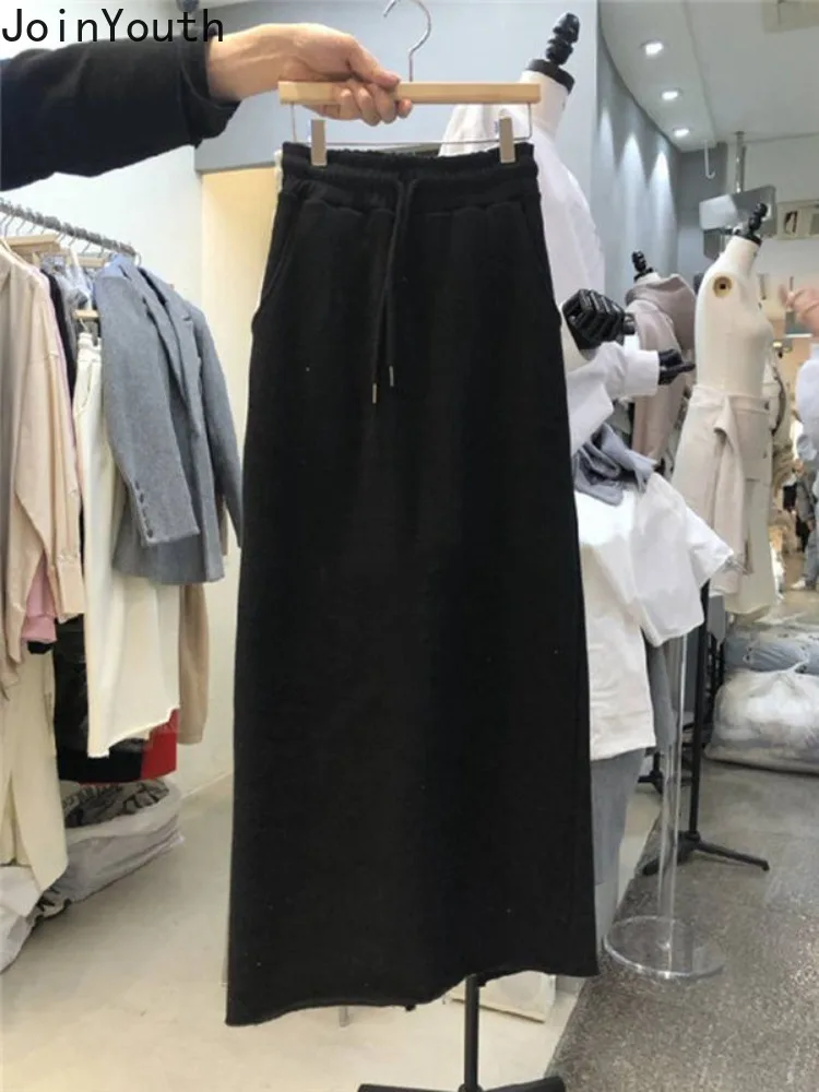 2023 Faldas Mujer De Moda Casual Skirts for Women High Waist Solid Color A-line Korean Jupe Bandage Fashion Bodycon Long Skirt