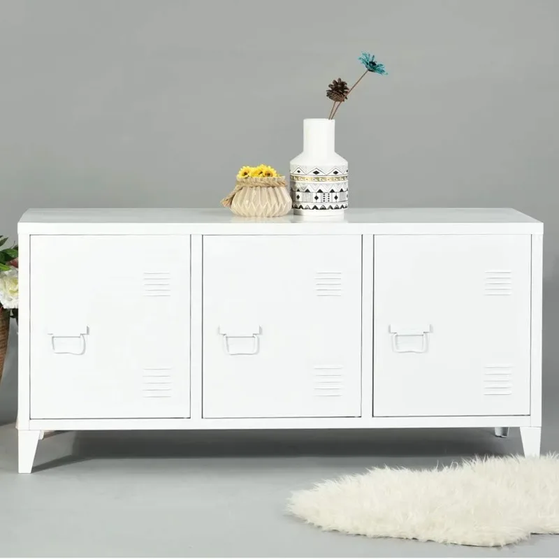 Home Metal Dining Living Room TV For Kitchen Sideboard Buffet Cabinets White Storage Cabinet 3 Doors 6 Shelves